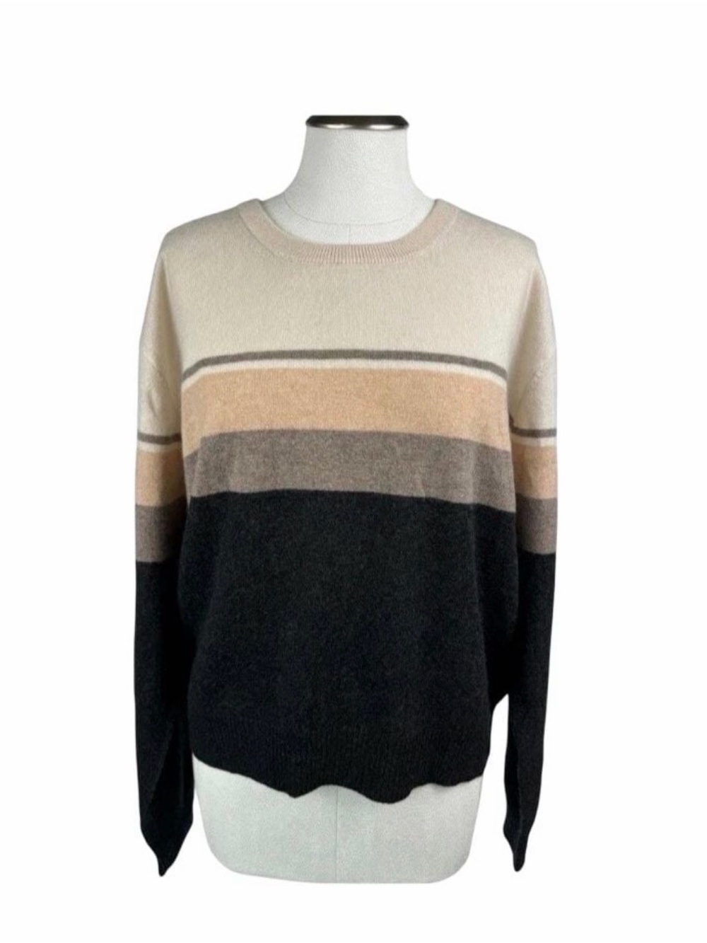Marine Layer Cashmere Striped Crewneck Sweater in Black, Cream & Tan